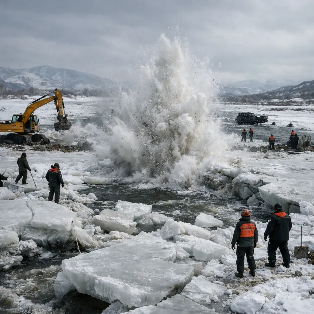 В Восточном Казахстане продолжаются работы по взрыву льда для предотвращения паводков