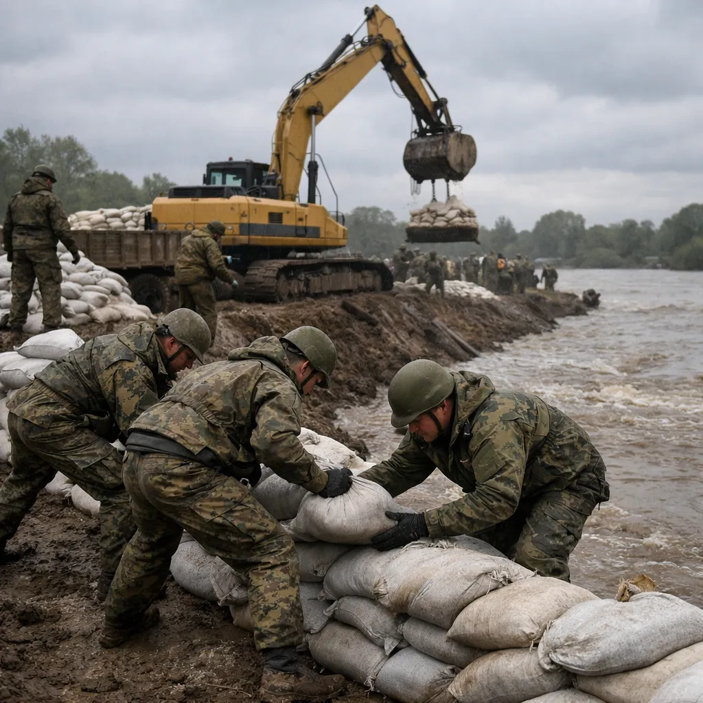 ТЖМ әскери қызметшілері ШҚО-да су тасқынына қарсы жұмыстарға жұмылдырылып, Алтай қаласының қауіпті учаскелерін нығайтуда