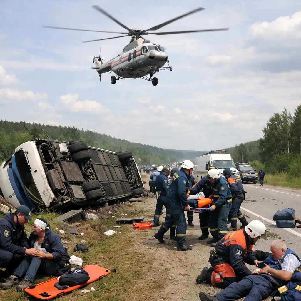 Вертолёт МЧС задействован для эвакуации пострадавших при опрокидывании автобуса в Карагандинской области